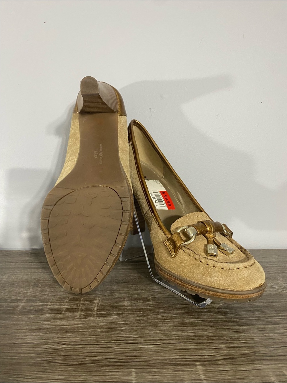 Anne Klein Camel/Tan Suede Loafers with Gold Hardware